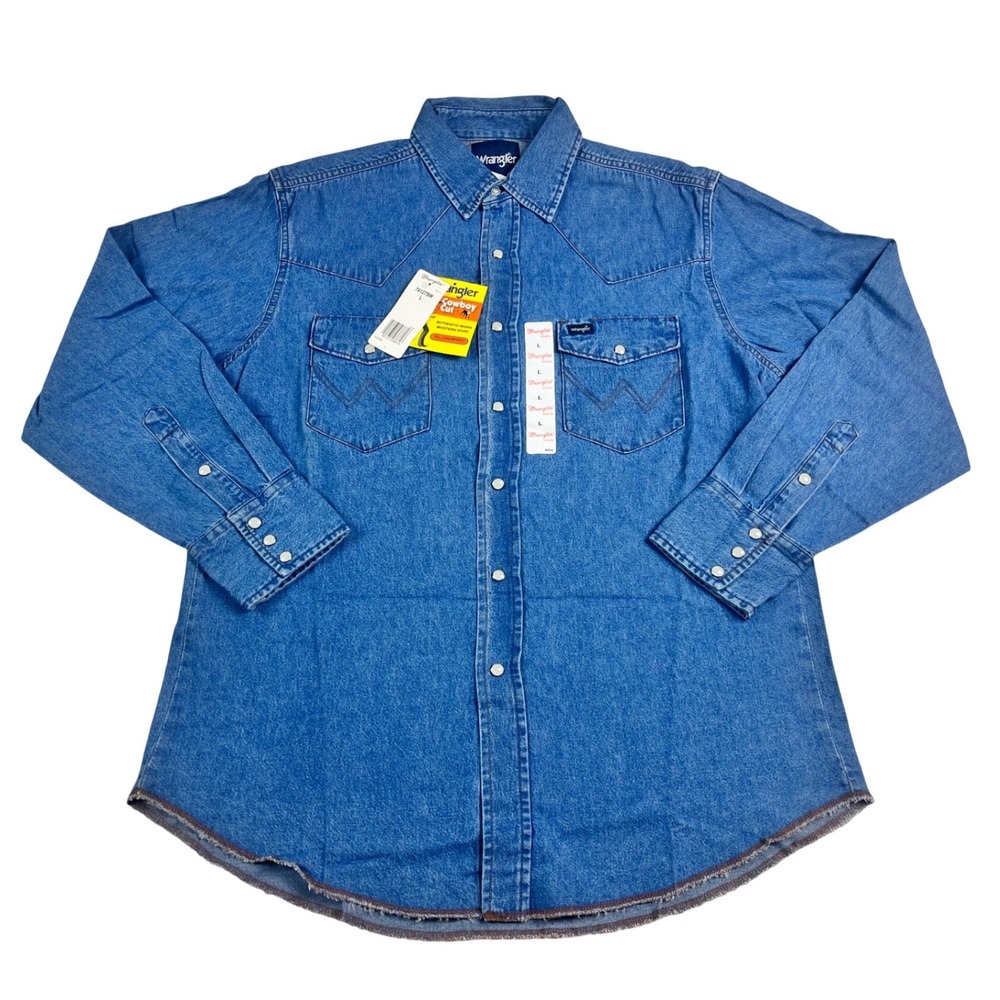 Wrangler Cowboy Cut Denim Western Shirt Mens Large Blue Raw Hem Pearl Snap New